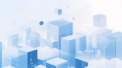 An abstract floating cityscape featuring soft blue tones and geometric structures surrounded by clouds in a clean and serene style
