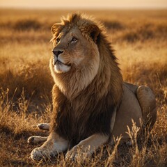 Obraz premium A majestic lion sitting on a golden savanna at sunrise.