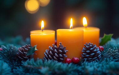 Three lit amber candles in a festive evergreen wreath.