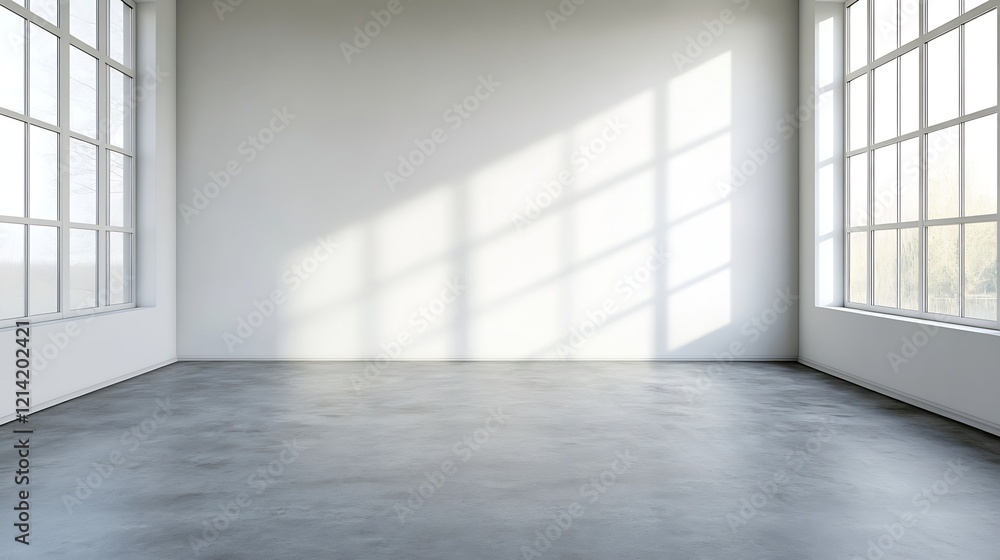 Poster minimalist empty room with large windows casts light on seamless gray concrete floor : generative ai