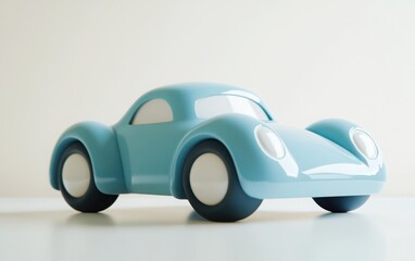 A 3D cartoon-style blue toy car on a white background. The car is designed with smooth, rounded features and a soft pastel blue color. 