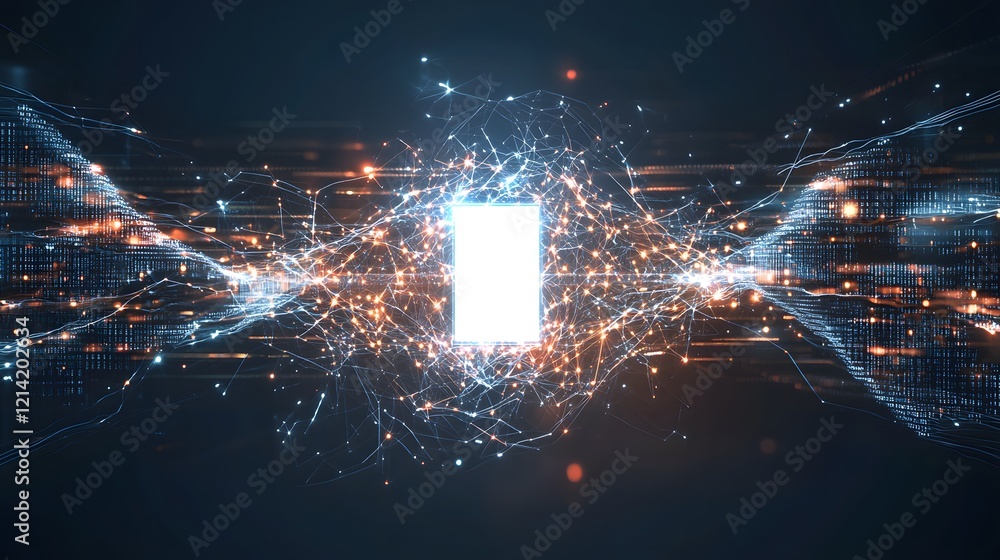 Poster digital data stream flowing through a bright portal