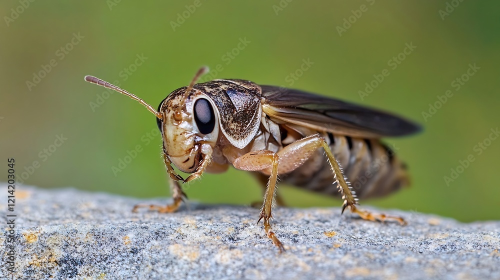 Poster detailed closeup of a grasshopper on a grey stone with green blur : generative ai
