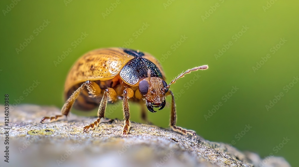 Poster vibrant yellow beetle on textured surface in closeup with green background : generative ai