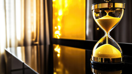 Close-up of an hourglass with golden sand flowing on a sleek black surface, symbolizing the passage of time and the importance of managing moments effectively.