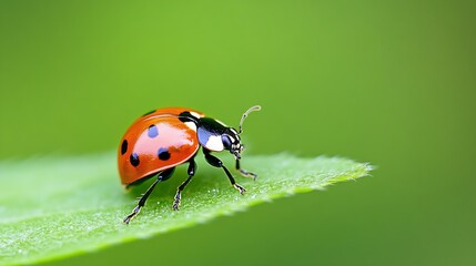 Fototapeta premium Vibrant ladybug crawling on green leaf symbolizing luck and environmental beauty : Generative AI
