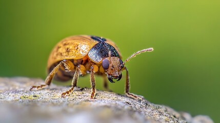 Naklejka premium Vibrant Yellow Beetle on Textured Surface in Closeup with Green Background : Generative AI