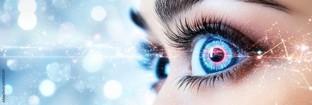 Poster close up of eye with glowing digital lines, concept of biometrics and machine learning.