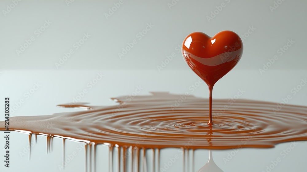 Poster red heart dripping liquid creating concentric ripples on a smooth surface, minimalist abstract desig