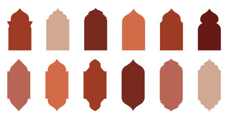 Ramadan kareem windows. Islamic door and window ornament silhouette with arch in Arabic style. Mosque gate frames isolated. Ramadan oriental elements vector set.