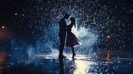 A scene from a romantic movie featuring a couple dancing in the rain, filled with passion and emotion.