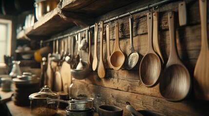 Rustic kitchen with wooden spoons and utensils hanging on a wall.