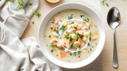 Laksesuppe (Salmon Soup) with Cream and Dill in a White Bowl (Norwegian Cuisine)