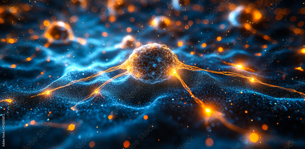 Poster dynamic cell structure visuals. vibrant image of complex cells interacting in a lively setting, high