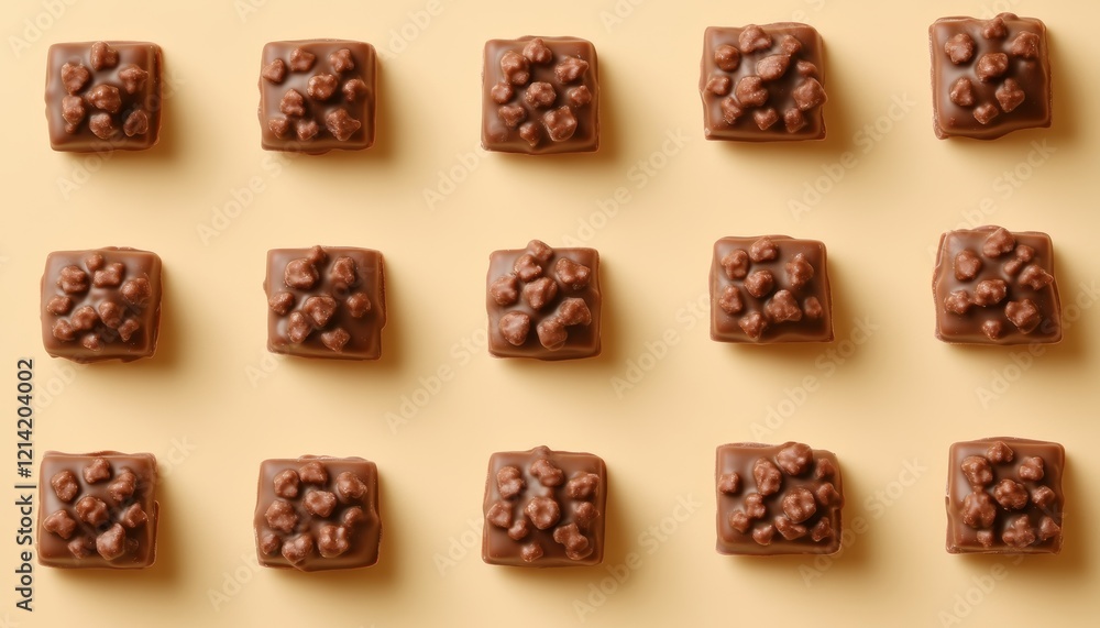 Poster delicious chocolate candies with nuts, neatly arranged in rows on a subtle peach background