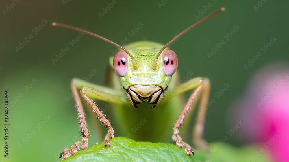 Poster closeup macro shot of grasshopper on leaf with vibrant eyes in natural habitat : generative ai
