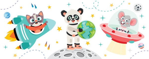 Cartoon Animal At Space Illustration