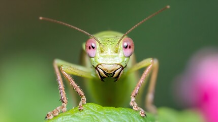 Closeup Macro Shot of Grasshopper on Leaf with Vibrant Eyes in Natural Habitat : Generative AI