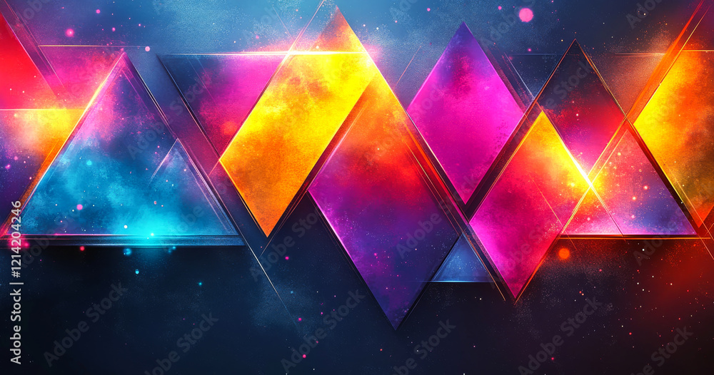 Poster vibrant shapes on dark backdrop. vibrant geometric shapes in various colors create a dynamic visual 