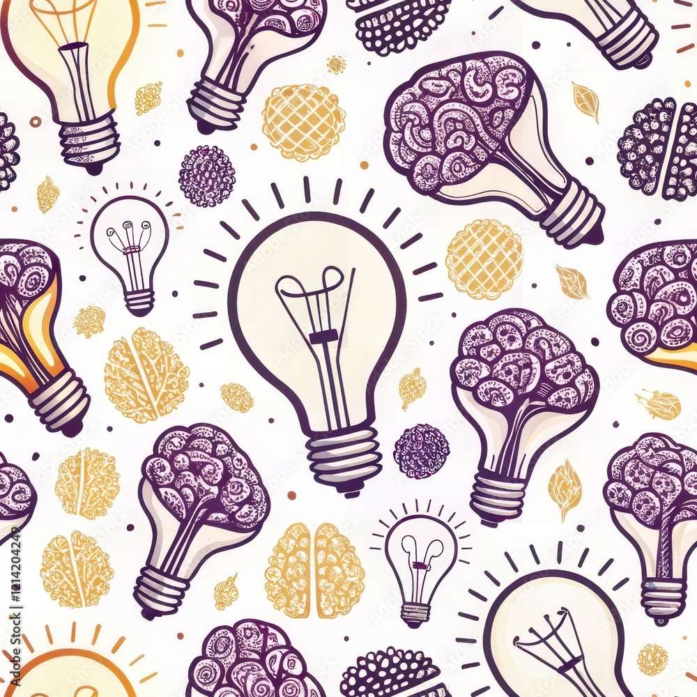 Wall mural Creative Seamless Pattern Light Bulbs Brains Idea Generation Concept Design Background