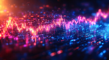 Fototapeta premium Colorful digital wave patterns in motion. Vivid colors blend to form dynamic digital waves, showcasing energy and rhythm in a captivating display.
