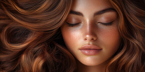 Obraz premium Young woman with long flowing hair. A young woman relaxes with her eyes closed, showcasing her long, wavy, chestnut hair in soft natural light.