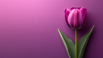 Obraz premium Purple tulip on bright backdrop. A single purple tulip shines against a soft purple backdrop, highlighting its delicate petals and green leaves.