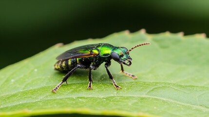 Fototapeta premium Closeup of JewelLike Metallic Green Beetle on Leaf in Natural Environment : Generative AI