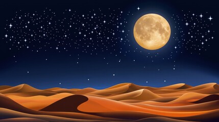 Desert Night Landscape: Full Moon Over Sand Dunes Under Starry Sky