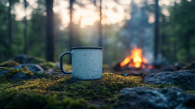 Minimalist white enamel mug on mossy ground, bonfire flickering in the distance, framed by a dense forest. Rustic and adventurous mockup.