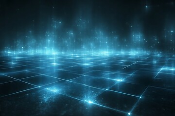 Glowing grid floor with light particles.