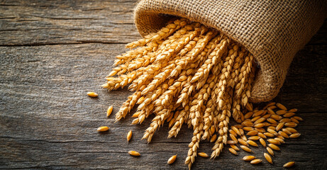 Wheat spilling from a sack. Golden wheat grains pour from a burlap sack onto a rustic wooden surface, showcasing the beauty of agricultural produce.