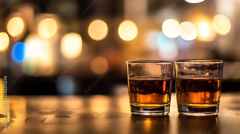 Aufkleber Two Glasses of Whiskey on a Bar Counter with Bokeh Background : Generative AI