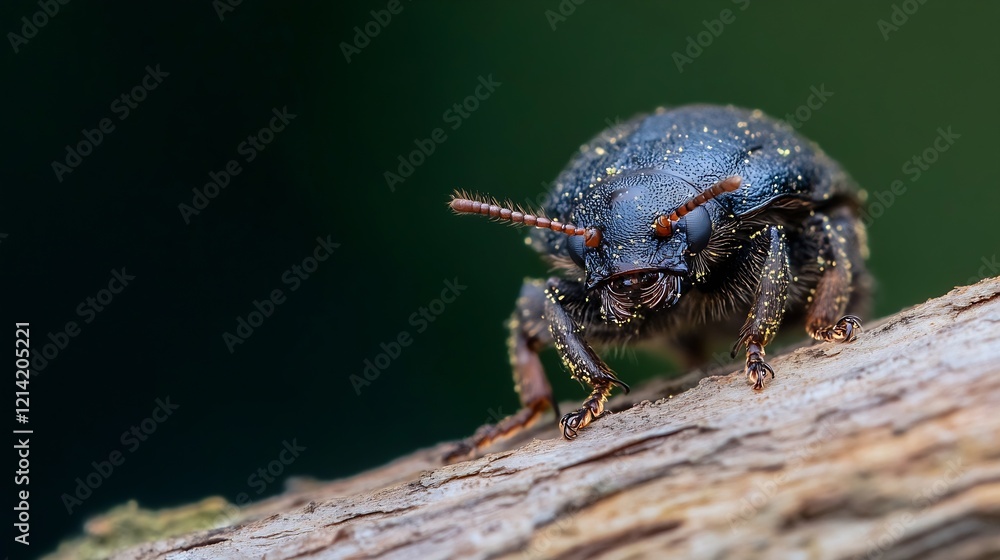 Poster Macro Image of Black Beetle on Tree Branch Offering Colorful Detail and Texture : Generative AI