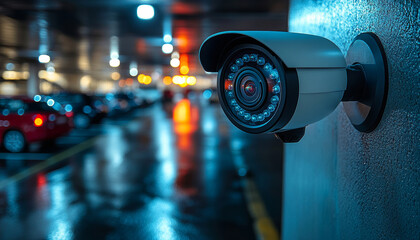 Camera in lit parking lot. A surveillance camera monitors a wet parking area with reflective surfaces at night, enhancing safety and security.