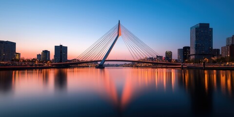 Obraz premium A stunning cityscape at dusk, featuring illuminated skyscrapers and a suspension bridge casting reflections on calm waters, symbolising progress and connection