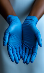 Blue gloves prepared for a medical task. Two hands wearing blue gloves are held open, suggesting readiness for a medical procedure or examination.