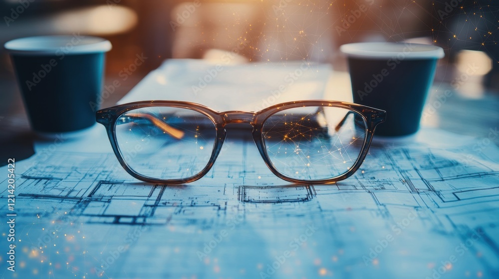 Aufkleber eyeglasses are placed on architectural blueprints, with a network effect overlaid, symbolizing the i