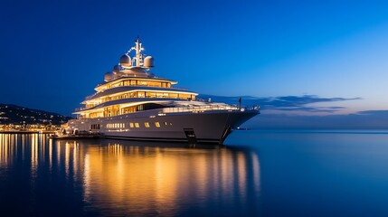Illuminated Luxury Yacht in Harbor at Dusk with Beautiful City Lights Reflections : Generative AI