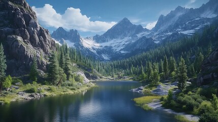 Serene mountain lake, alpine valley, coniferous forest, scenic background; travel brochure