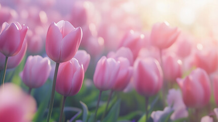 Colorful tulip field blooms with delicate petals under soft morning light
