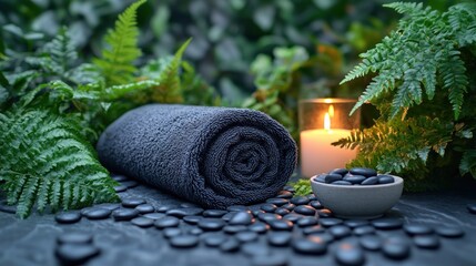 Spa treatment; rolled towel, hot stones, candle, ferns