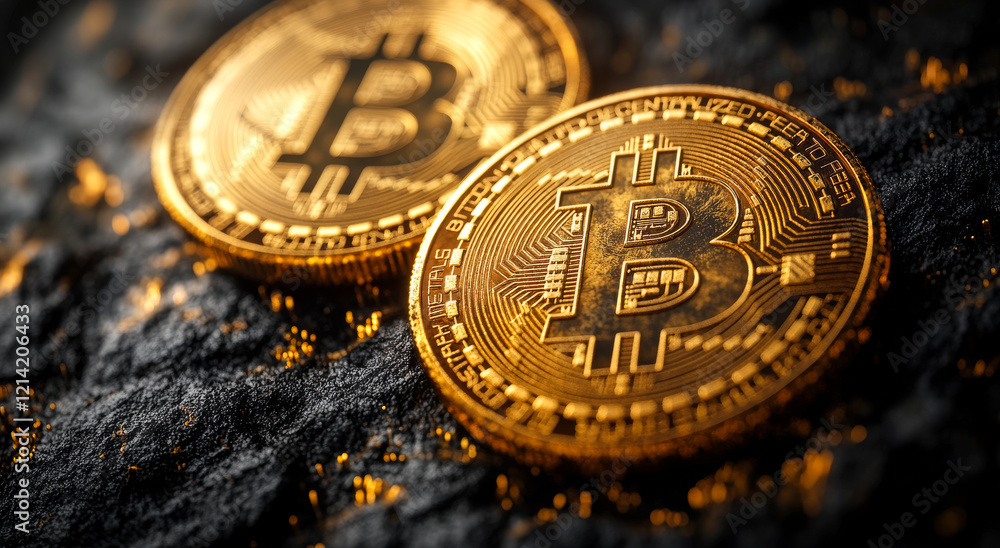 Poster exploring the details of bitcoin coins. two shiny bitcoin coins rest on a textured dark surface, ref
