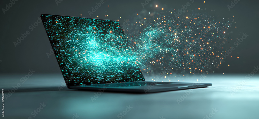 Poster tech-driven digital change. a laptop emits bright particles and sparkles, representing digital creat