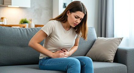 Obraz premium A young woman sitting on a couch holding her stomach with both hands, discomfort from stomach pain