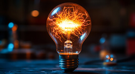 Bright spark in a vintage light bulb. A glowing light bulb emits vibrant electric sparks, showcasing the beauty of electricity in a darkened workshop setting.