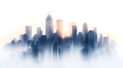 Layered Cityscape Silhouettes Fading into Glowing White Background