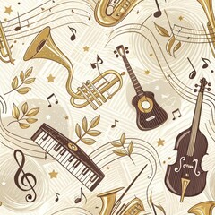 Elegant Musical Instrument Seamless Pattern Trumpet Cello Guitar Keyboard Saxophone Notes