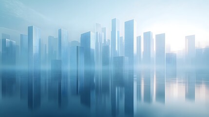 Minimalist Misty Urban Horizon with Geometric High-Rise Skyline