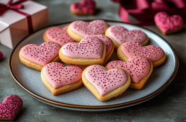 Heart-shaped cookies on a plate!. Colorful heart-shaped cookies with pink icing and sprinkles are beautifully arranged on a decorative plate.